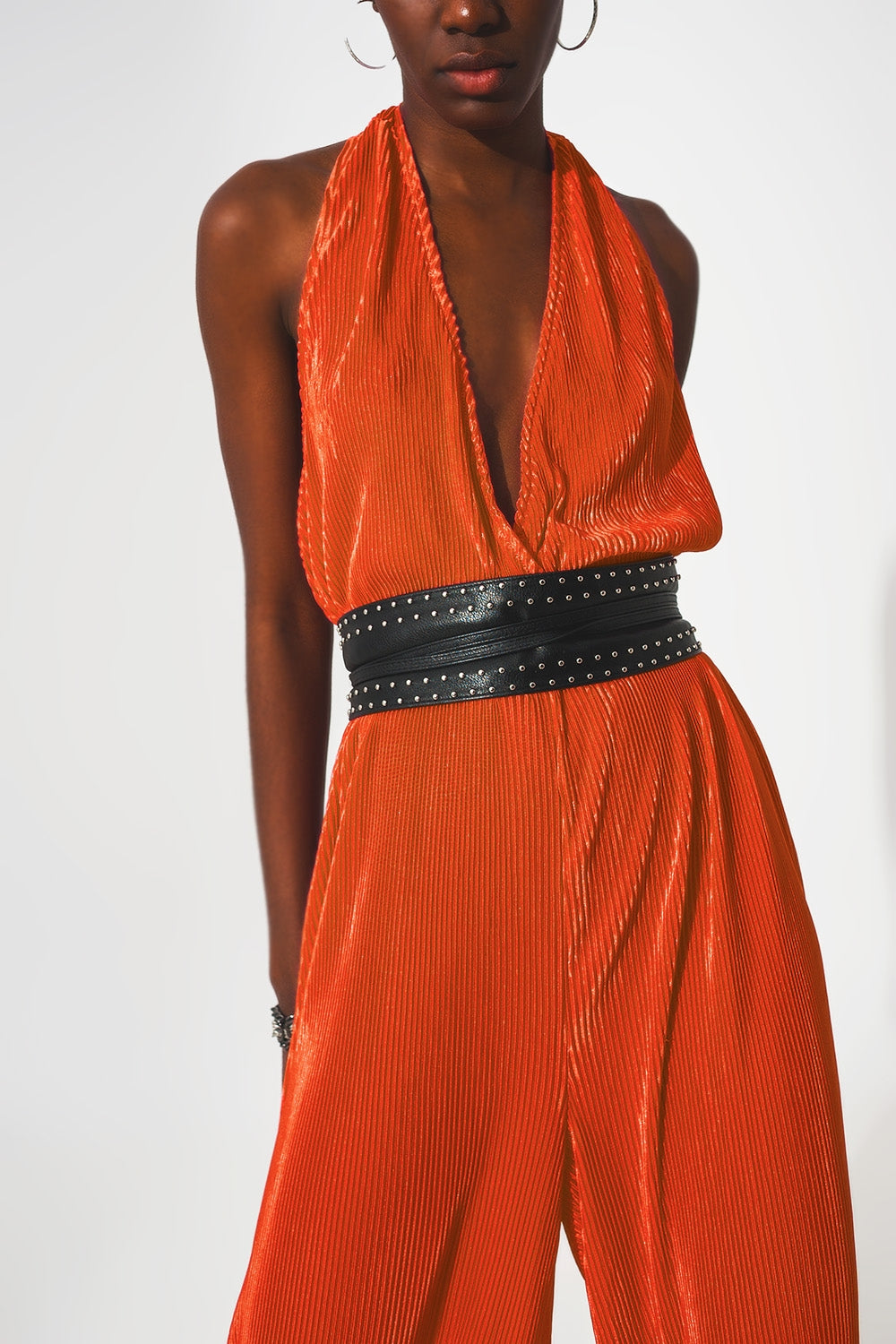 Satin halter neck pleated maxi jumpsuit in orange