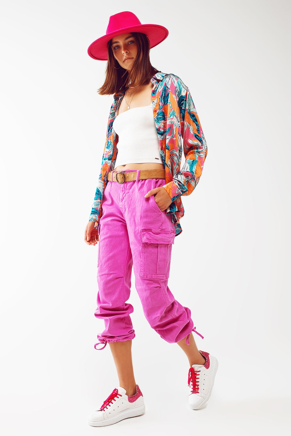 Satin Shirt In Floral Print in Orange