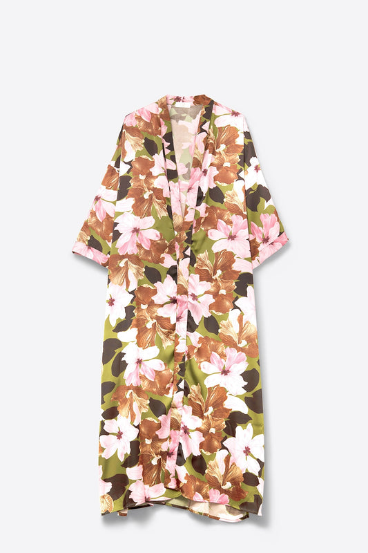 Q2 Satin Tropical Floral Kimono in Olive Green
