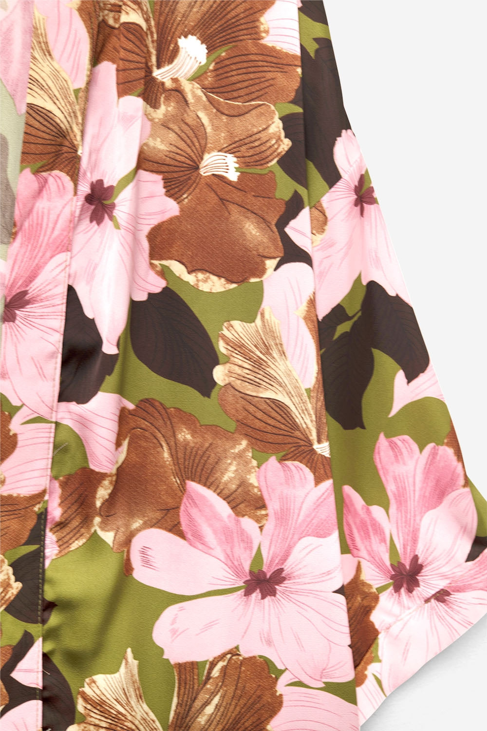 Satin Tropical Floral Kimono in Olive Green