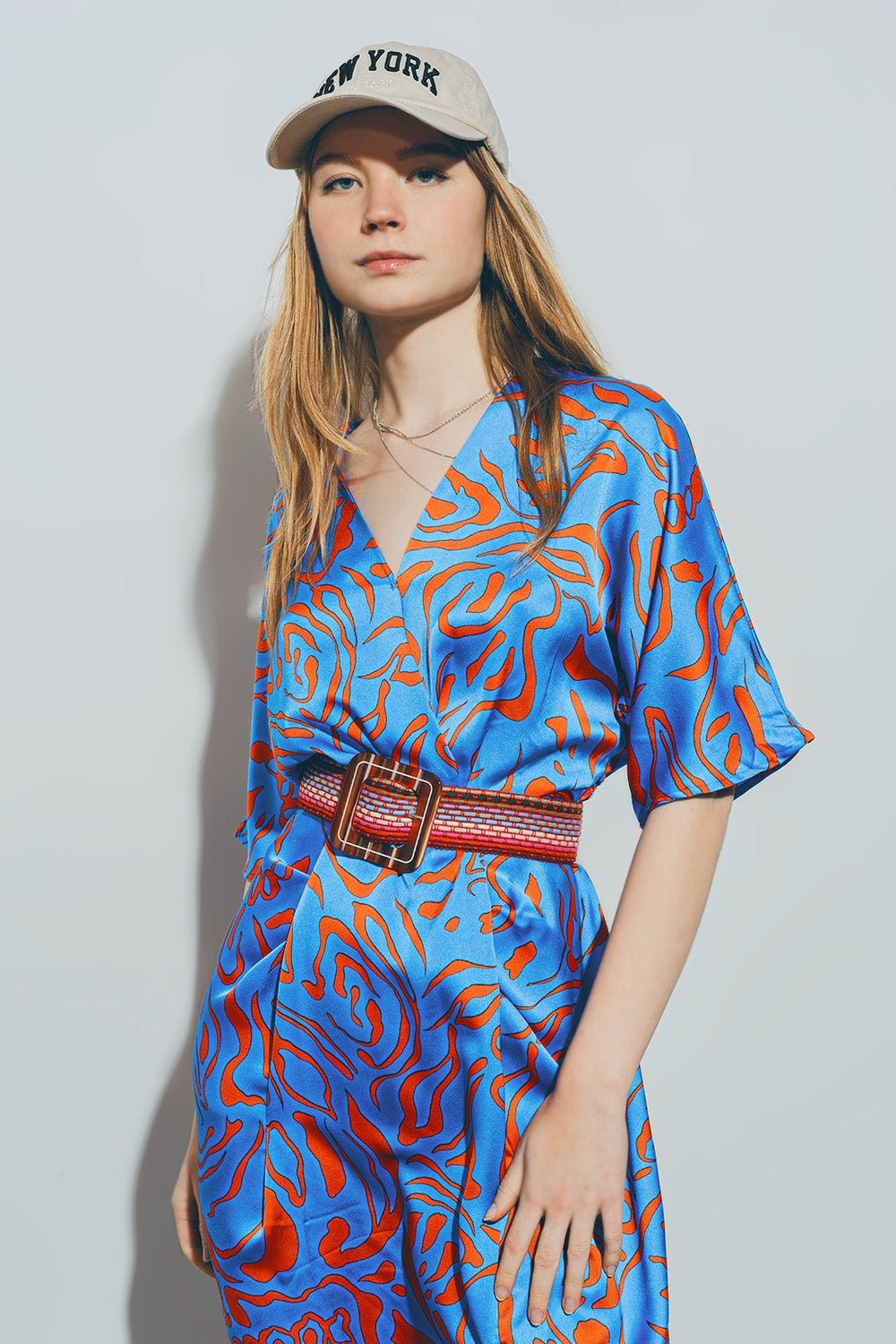 Satin V Neck Midi Dress in Blue