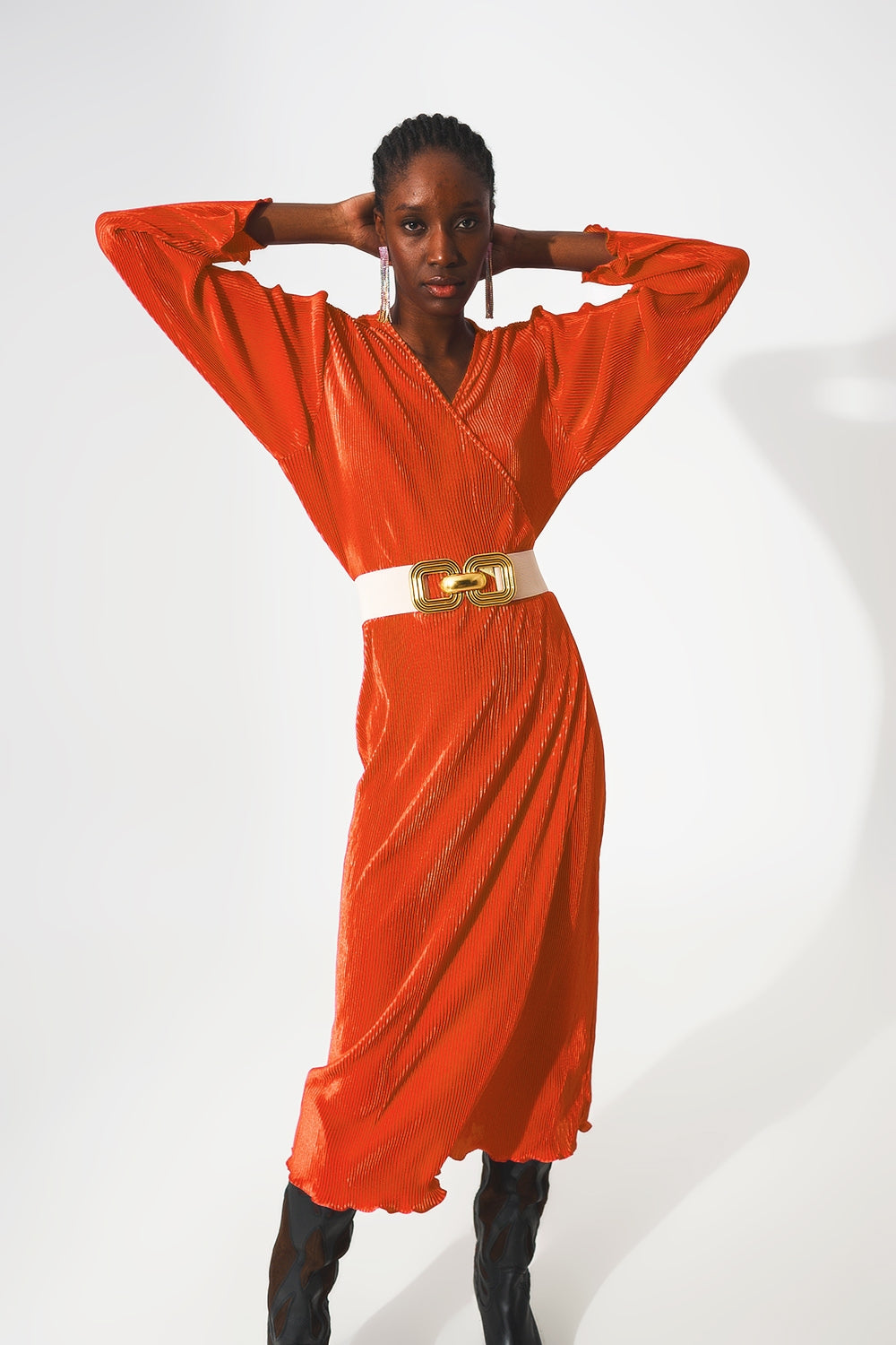 Satin wrap deatil pleated dress in orange