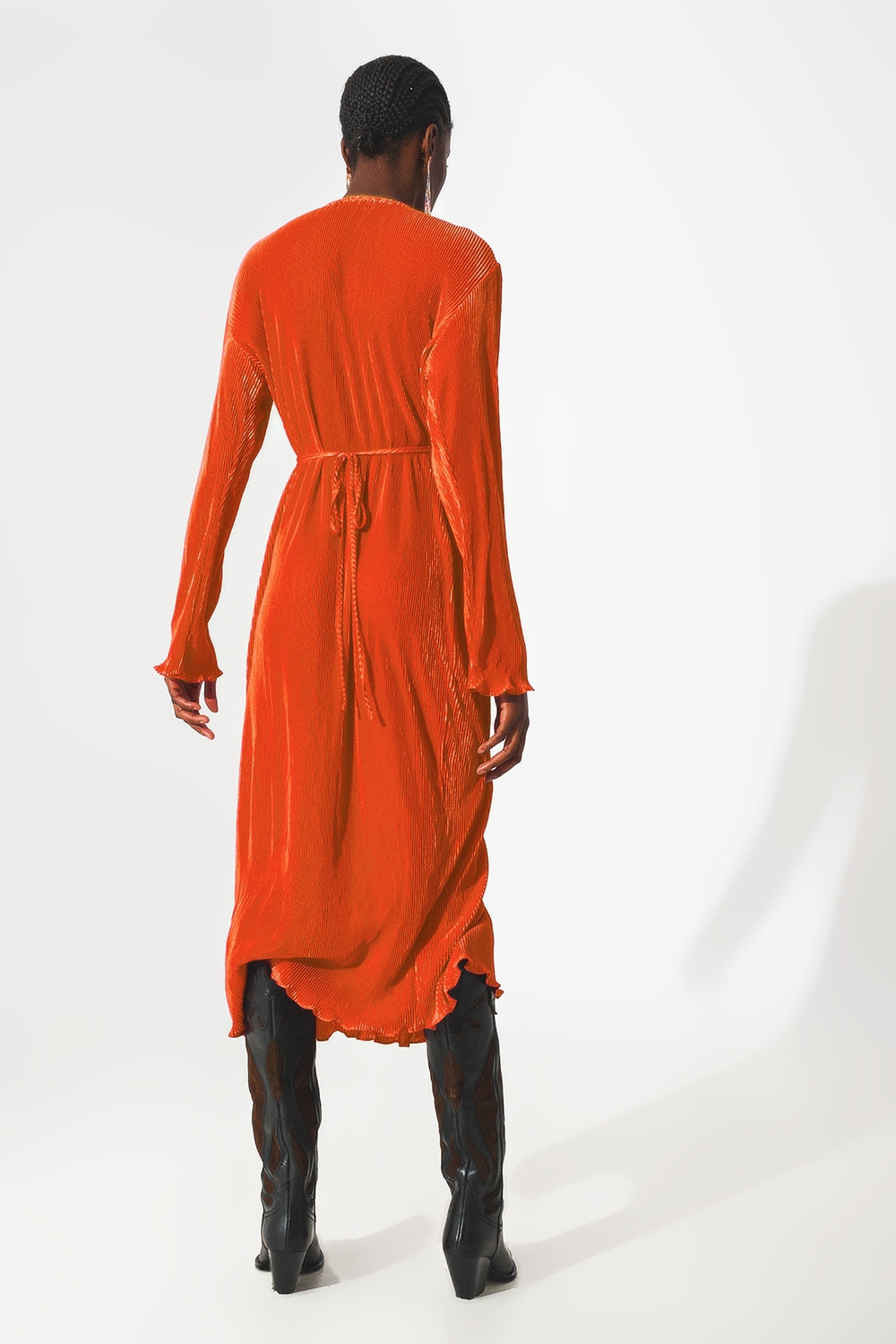 Satin wrap deatil pleated dress in orange