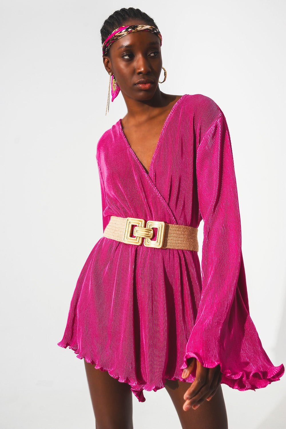 Satin wrap deatil pleated short jumpsuit in fuchsia
