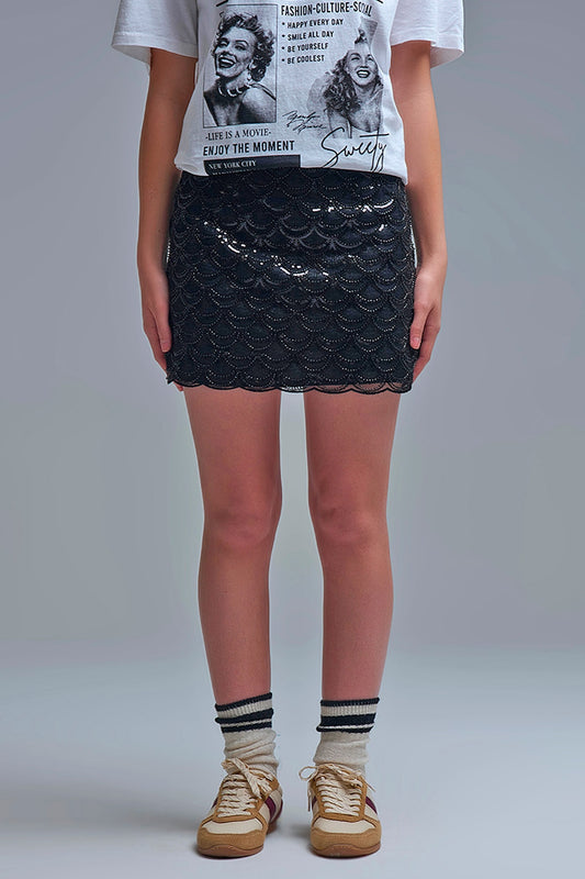 Q2 Scalloped Sequin Mini Skirt in Black