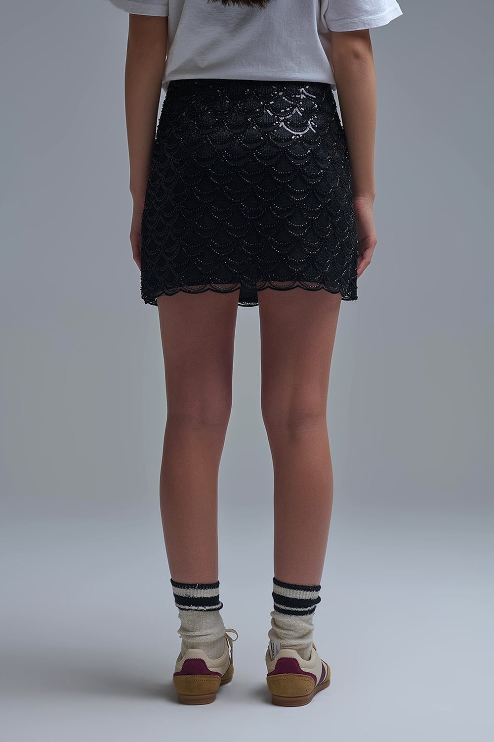 Scalloped Sequin Mini Skirt in Black