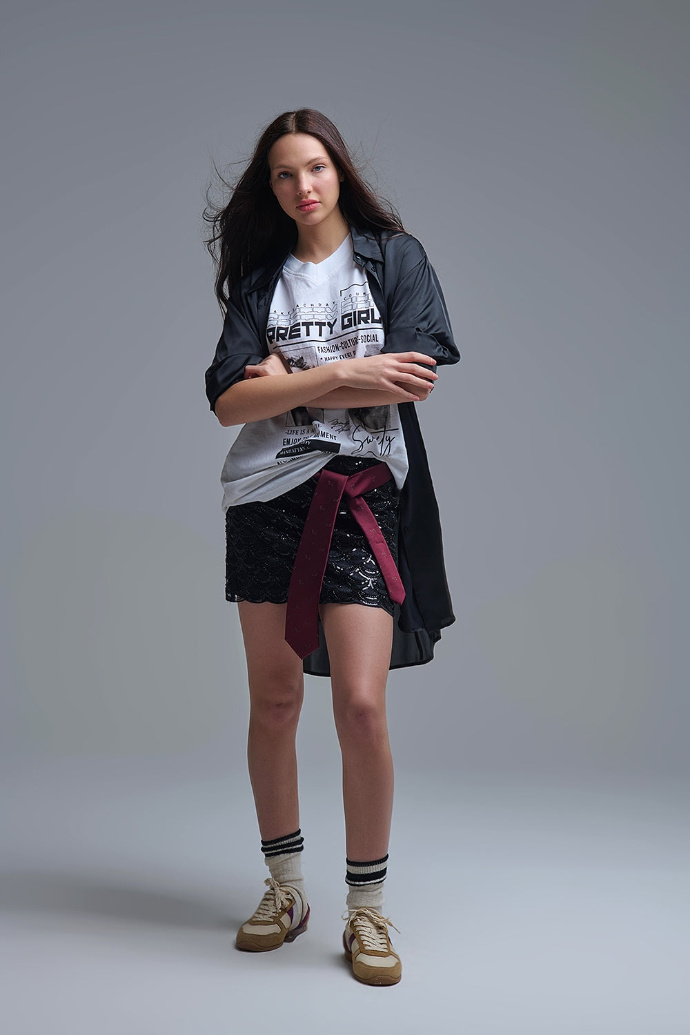 Scalloped Sequin Mini Skirt in Black