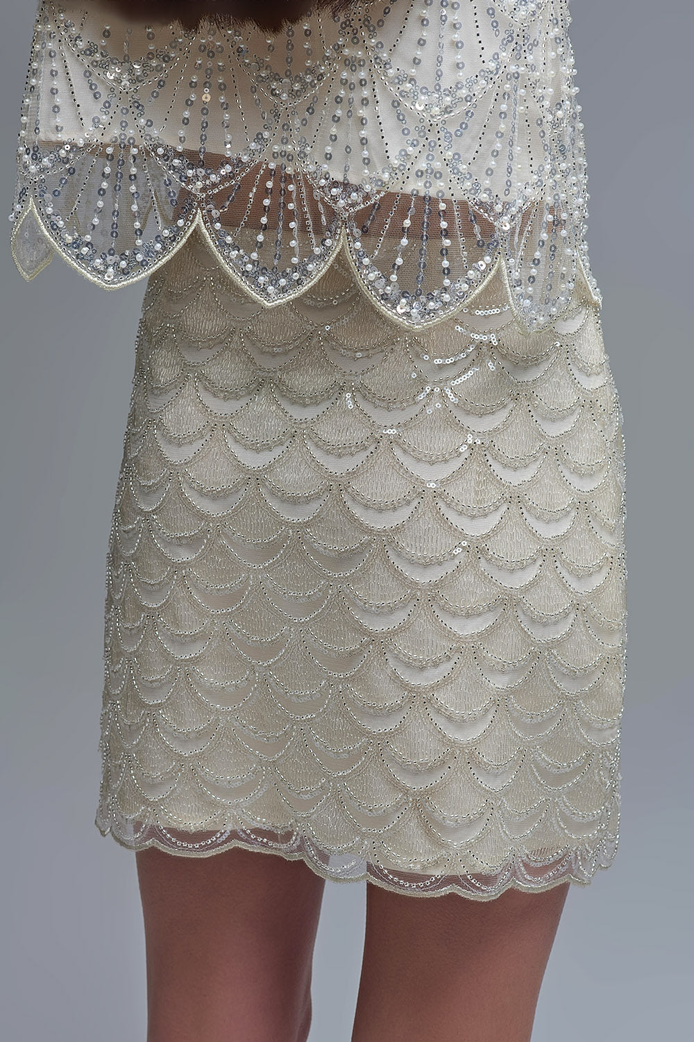Scalloped Sequin Mini Skirt in Cream