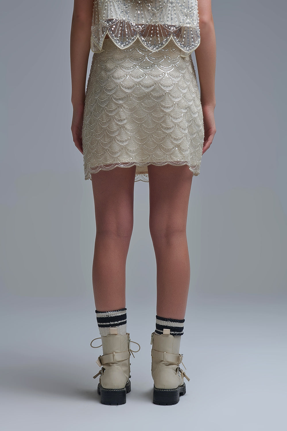 Scalloped Sequin Mini Skirt in Cream