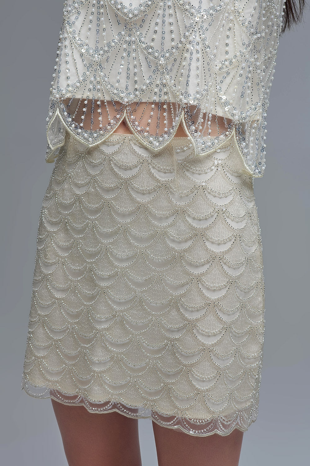Scalloped Sequin Mini Skirt in Cream