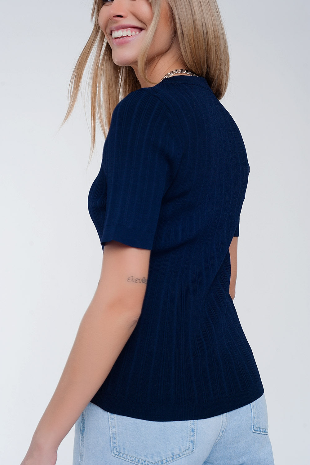 Scoop neck jumper with short sleeve in navy
