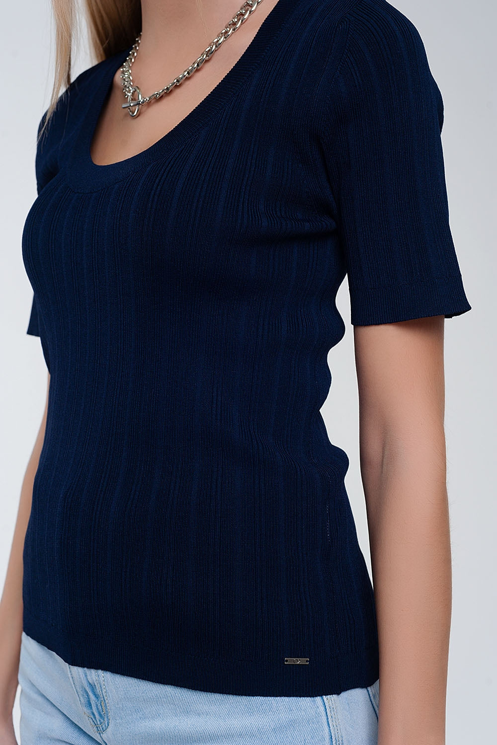 Scoop neck jumper with short sleeve in navy