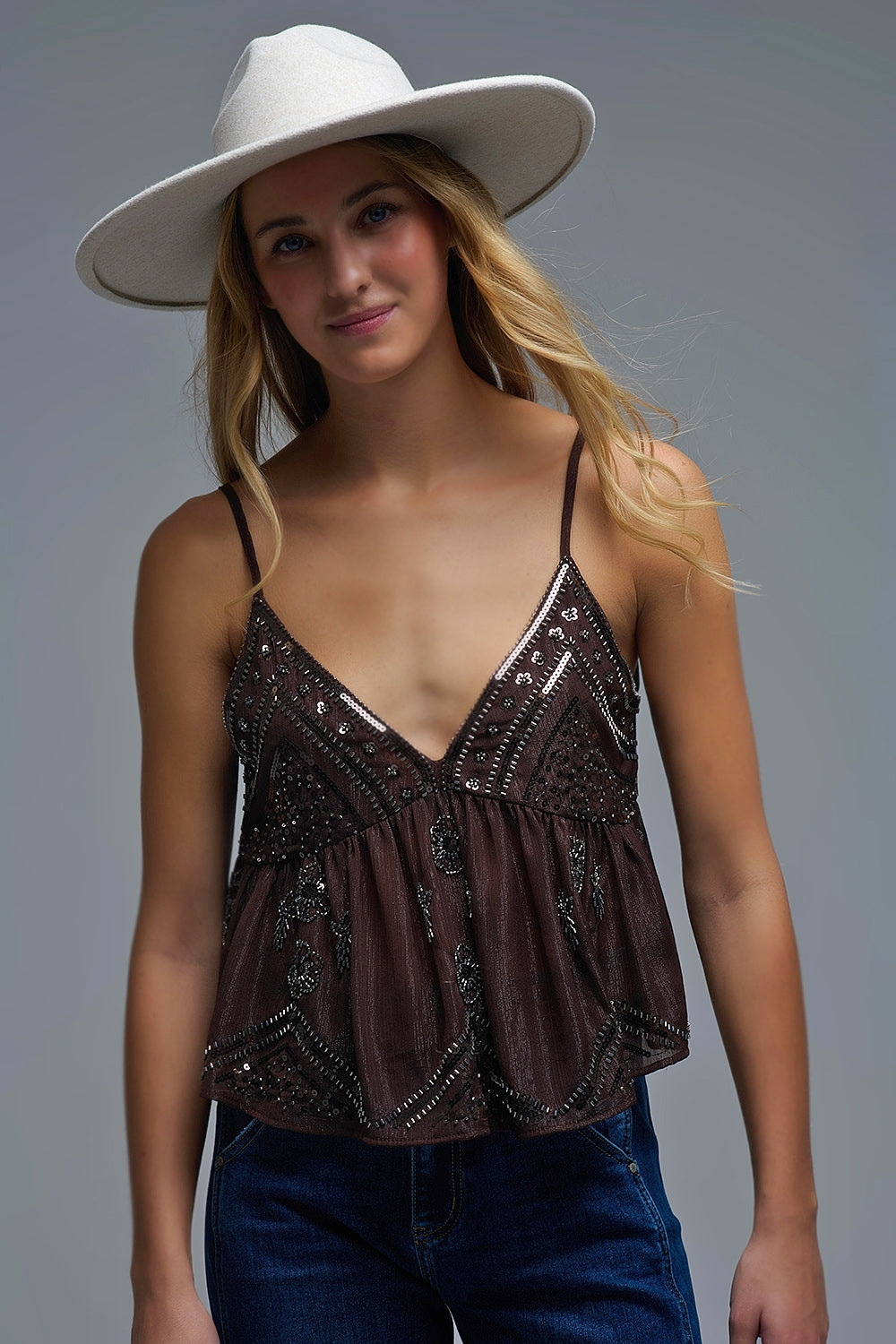 Sequin Camisole Top in brown with Floral Detail embellished