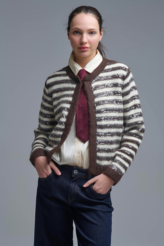 Q2 Sequin Detail Stripe Cardigan in Brown and Cream