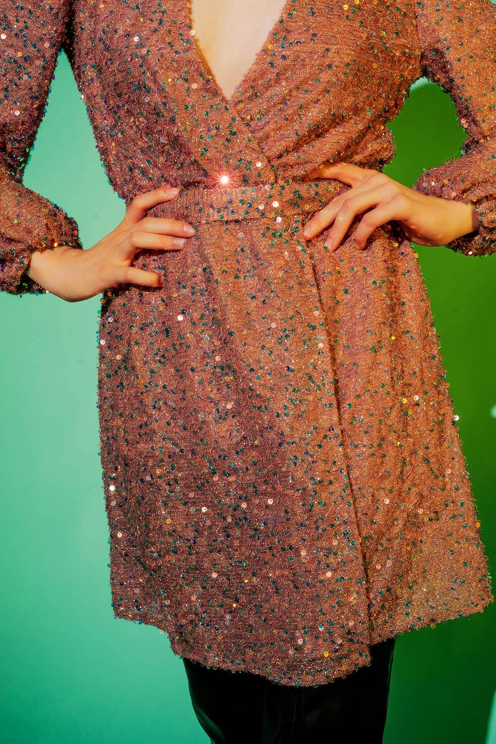 Sequin wrap mini dress in powder pink