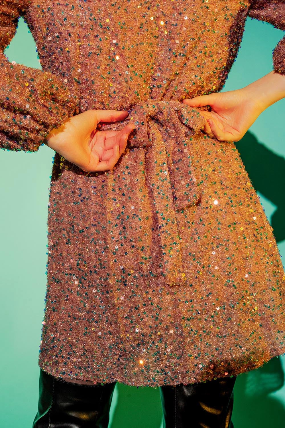 Sequin wrap mini dress in powder pink