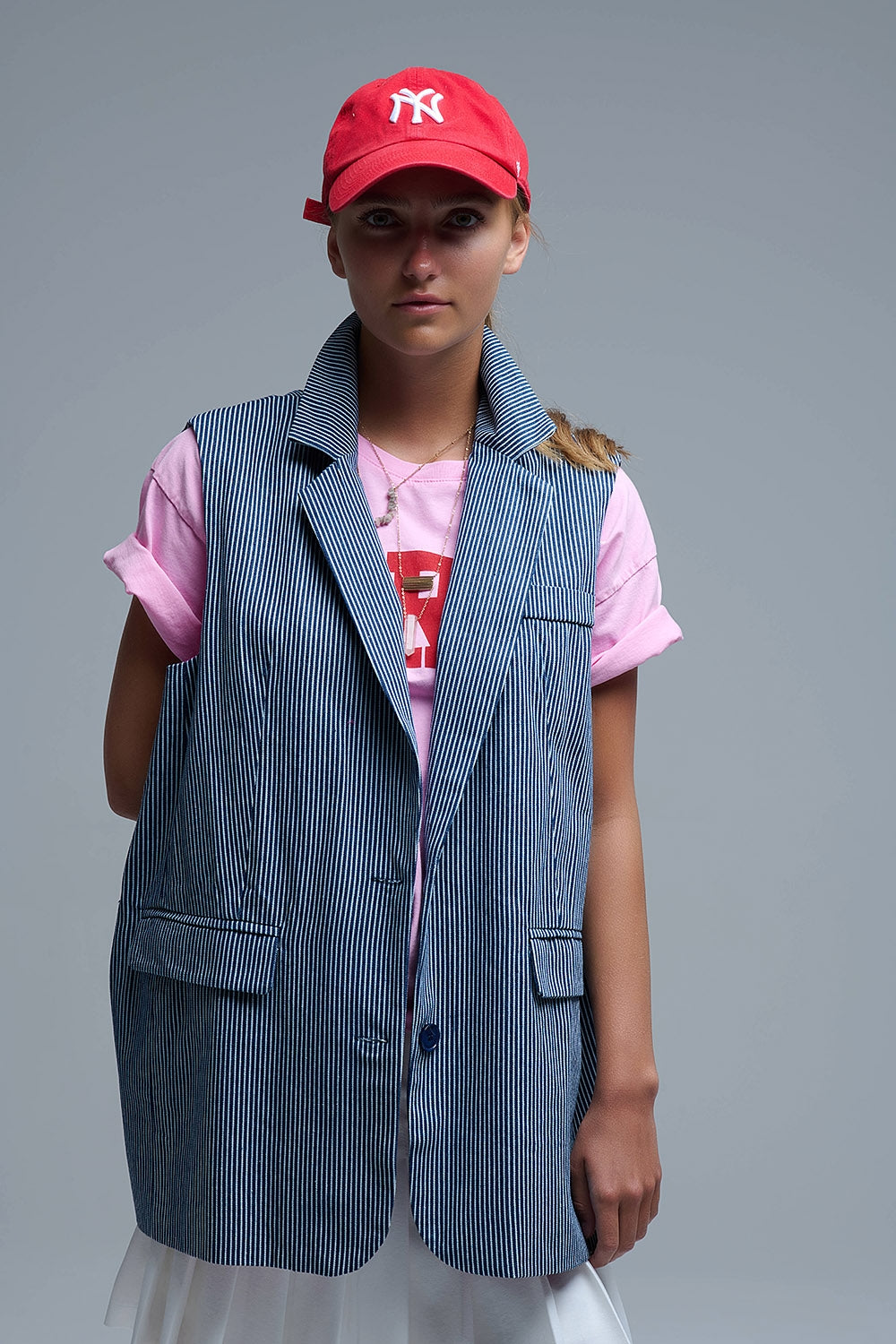 Shawl Collar Long Striped Vest in Blue and White