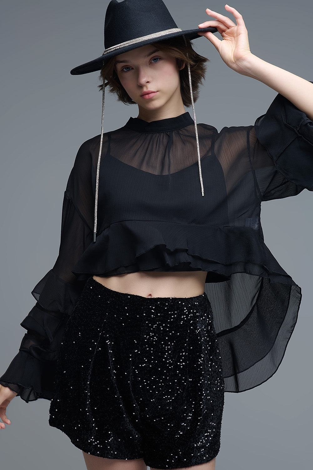 Q2 Sheer Cape-style Black Blouse in chiffon With Ruffles