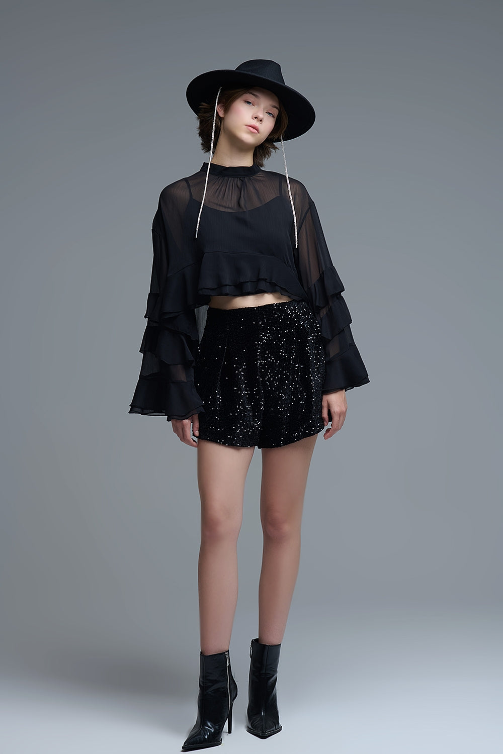 Sheer Cape-style Black Blouse in chiffon With Ruffles
