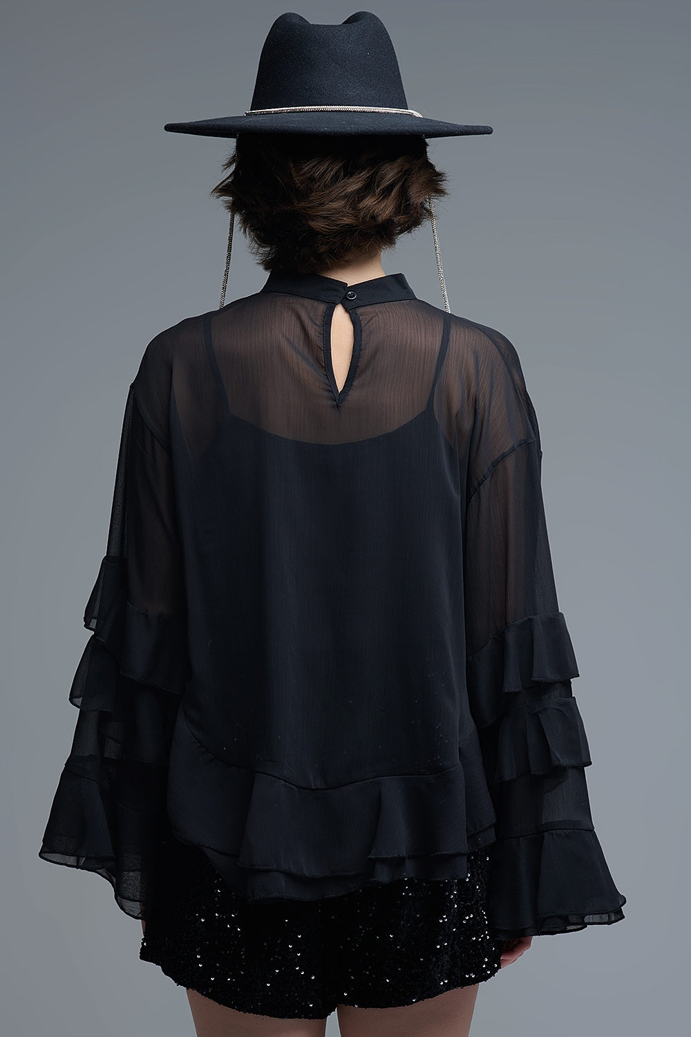 Sheer Cape-style Black Blouse in chiffon With Ruffles