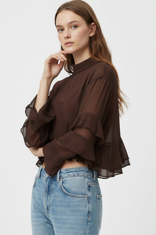 Q2 Sheer Cape-style Brown Blouse in chiffon With Ruffles