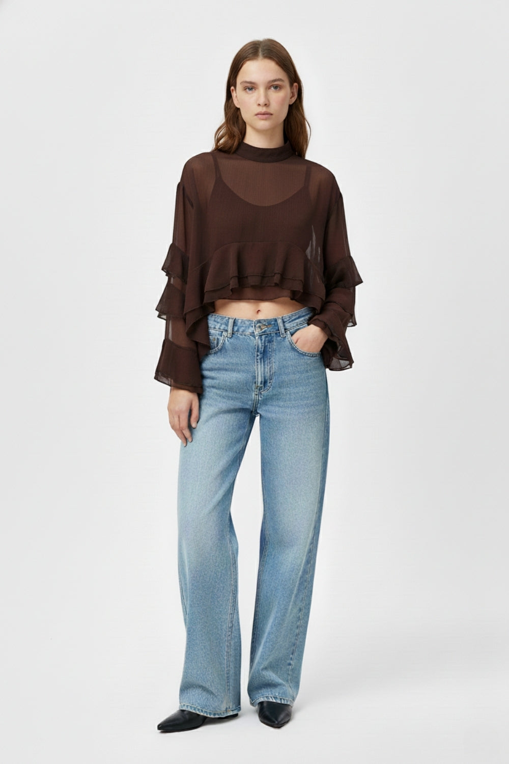 Sheer Cape-style Brown Blouse in chiffon With Ruffles