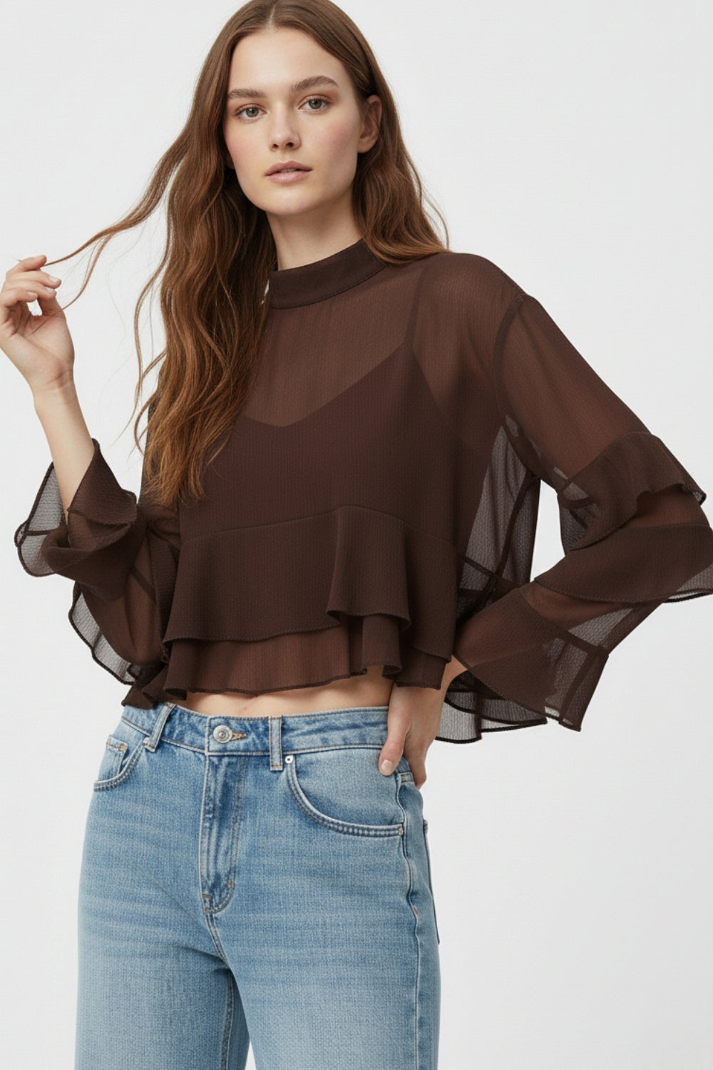 Sheer Cape-style Brown Blouse in chiffon With Ruffles