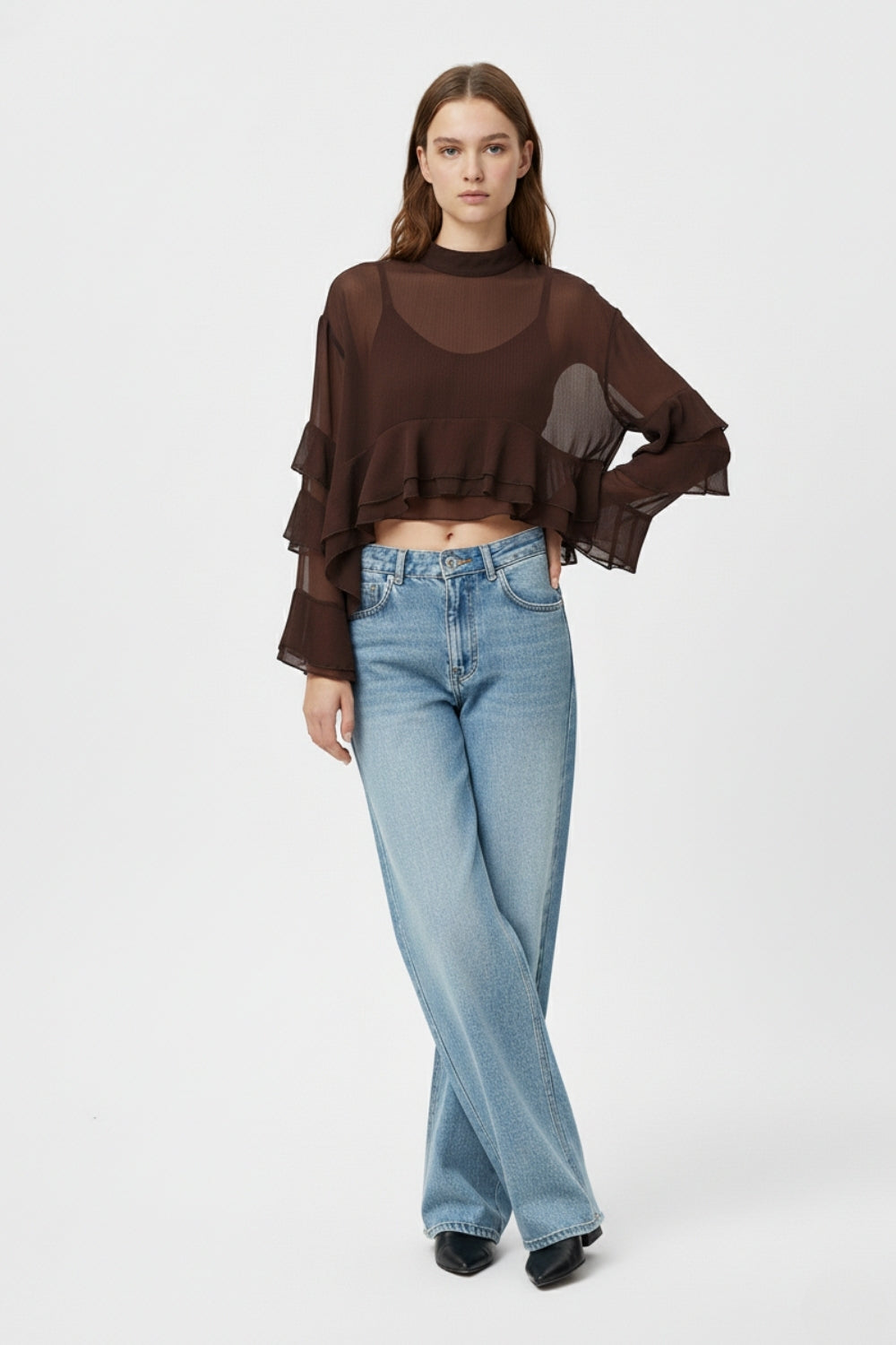 Sheer Cape-style Brown Blouse in chiffon With Ruffles