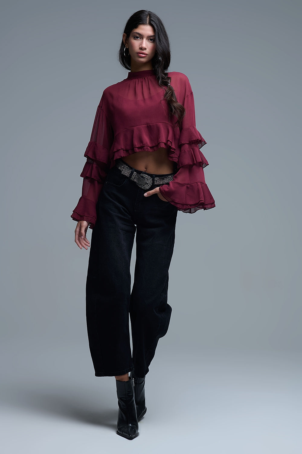 Sheer Cape-style Burgundy Blouse in chiffon With Ruffles