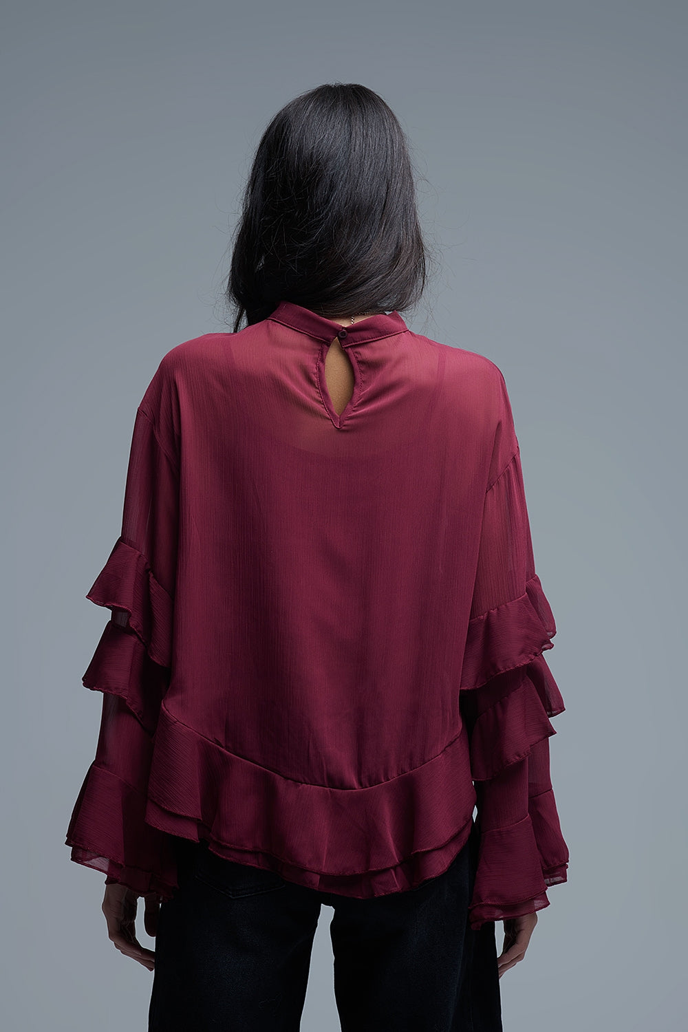 Sheer Cape-style Burgundy Blouse in chiffon With Ruffles