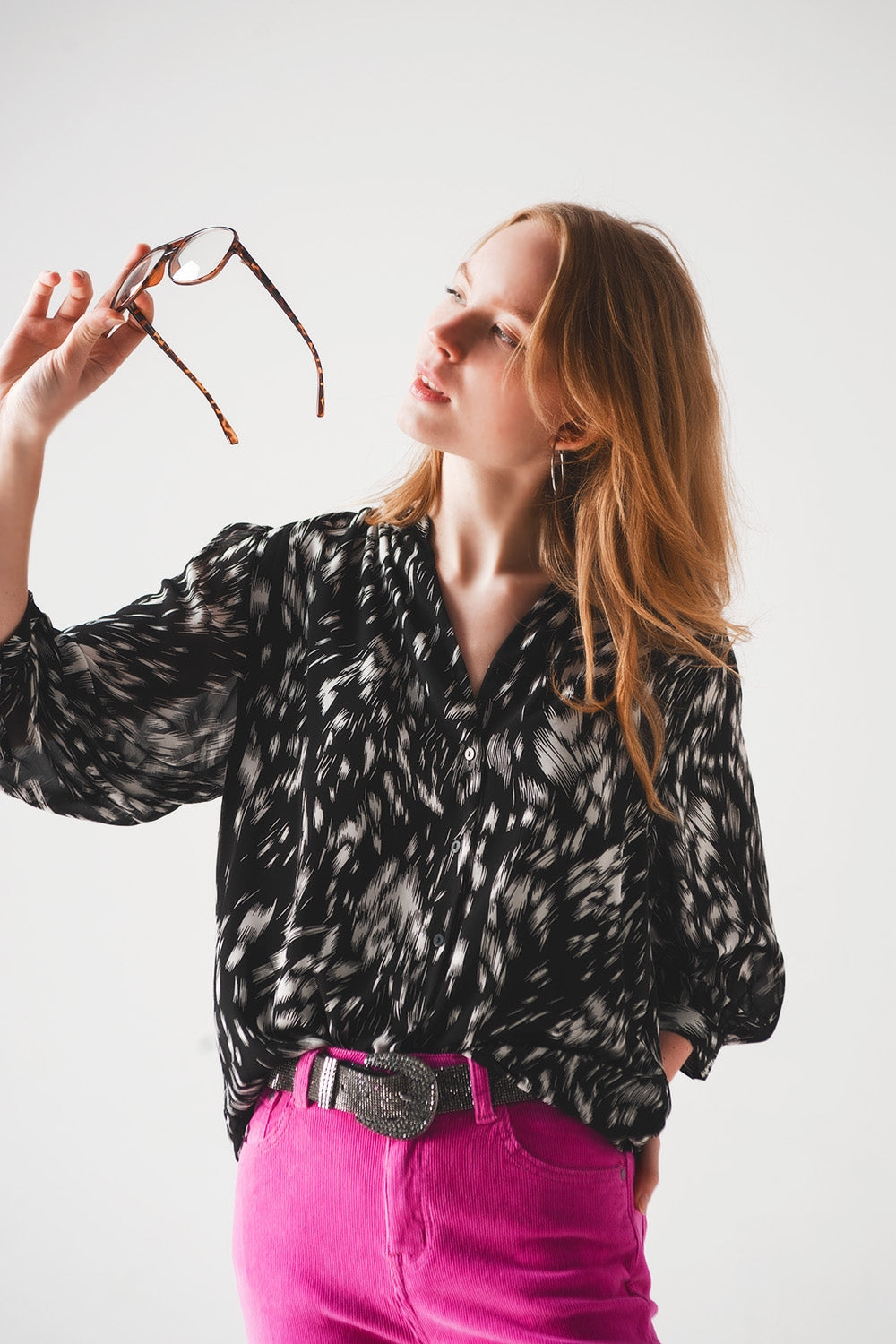 Sheer chiffon printed top in monochrome