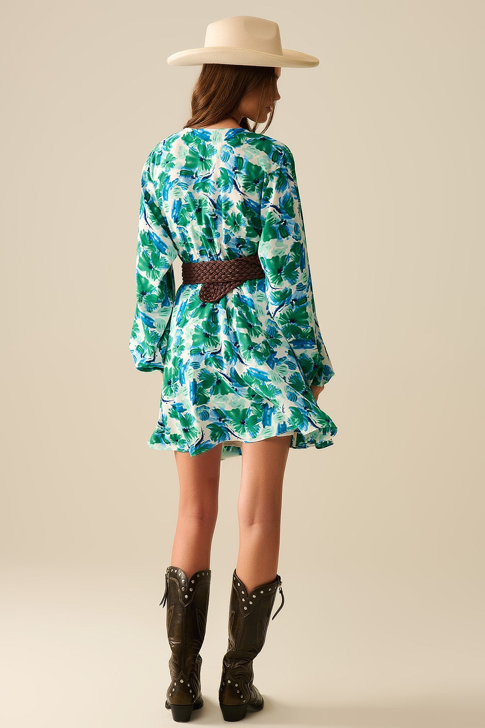 short dress with a wide V-neck and floral print