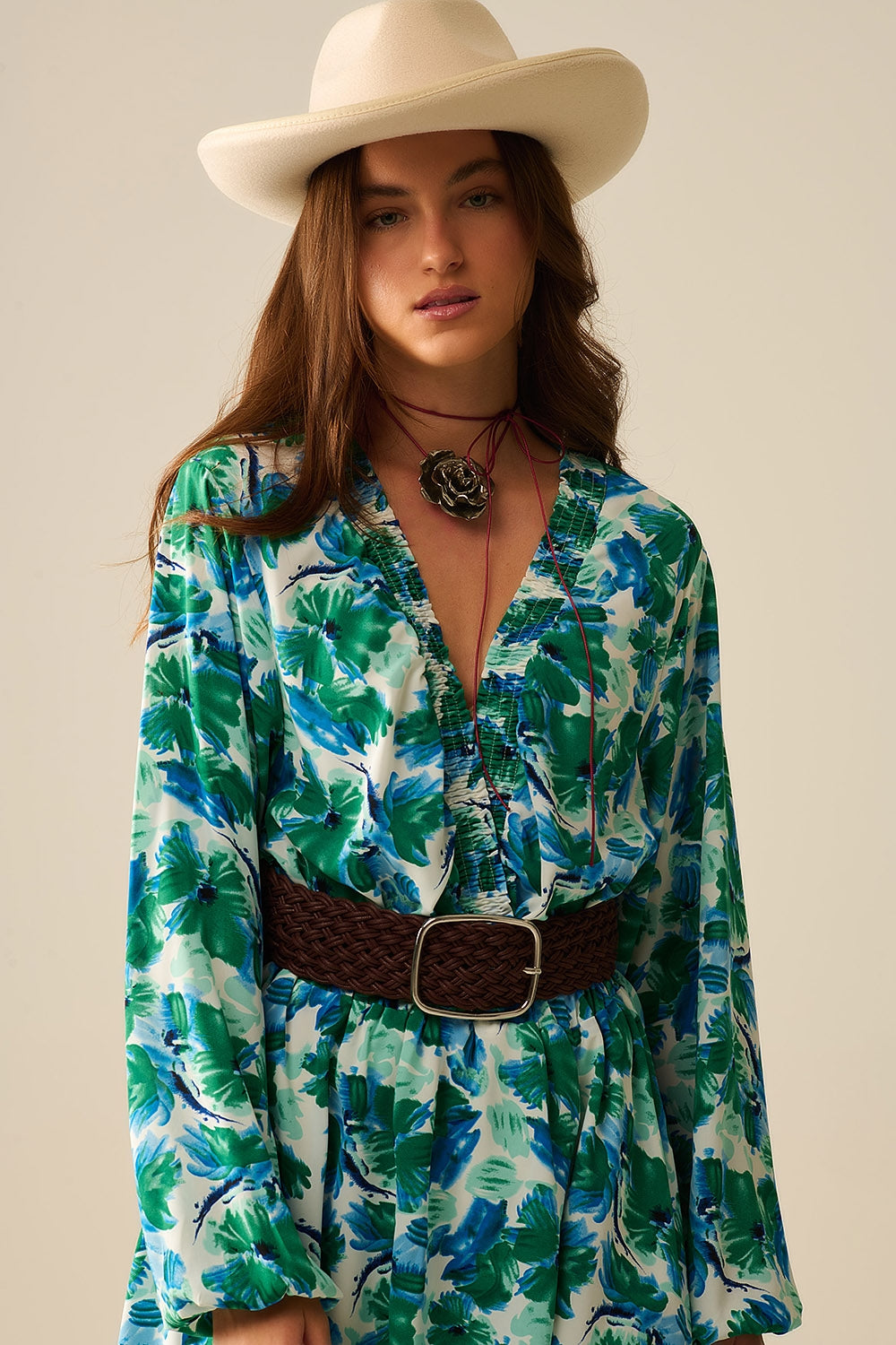 short dress with a wide V-neck and floral print