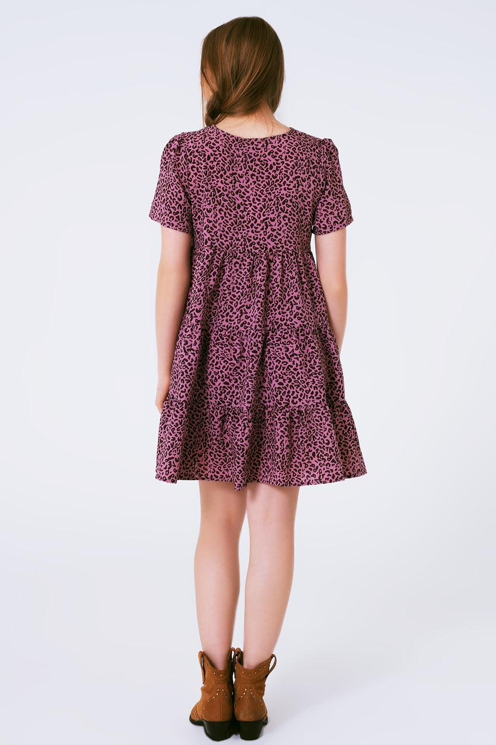 Short Sleeve Baby Doll Dress With Neck Detail in Purple Leopard Print