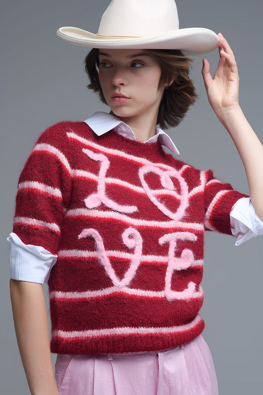 Q2 Short Sleeve Embroidered Love Sweater in Burgundy