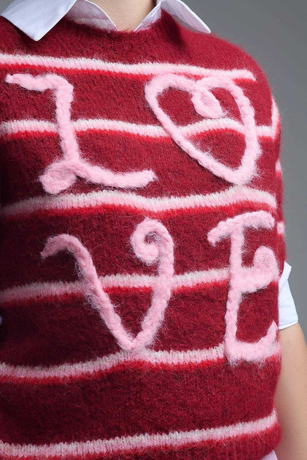 Short Sleeve Embroidered Love Sweater in Burgundy