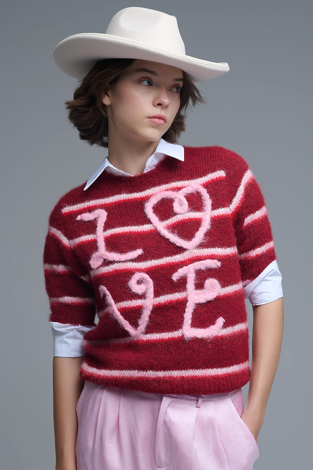 Short Sleeve Embroidered Love Sweater in Burgundy