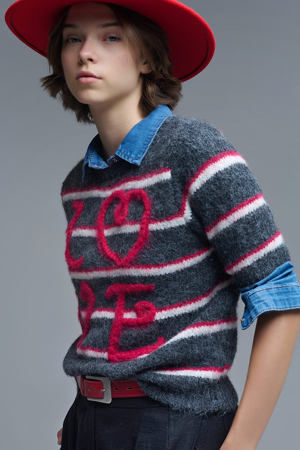 Short Sleeve Embroidered Love Sweater in Dark Grey