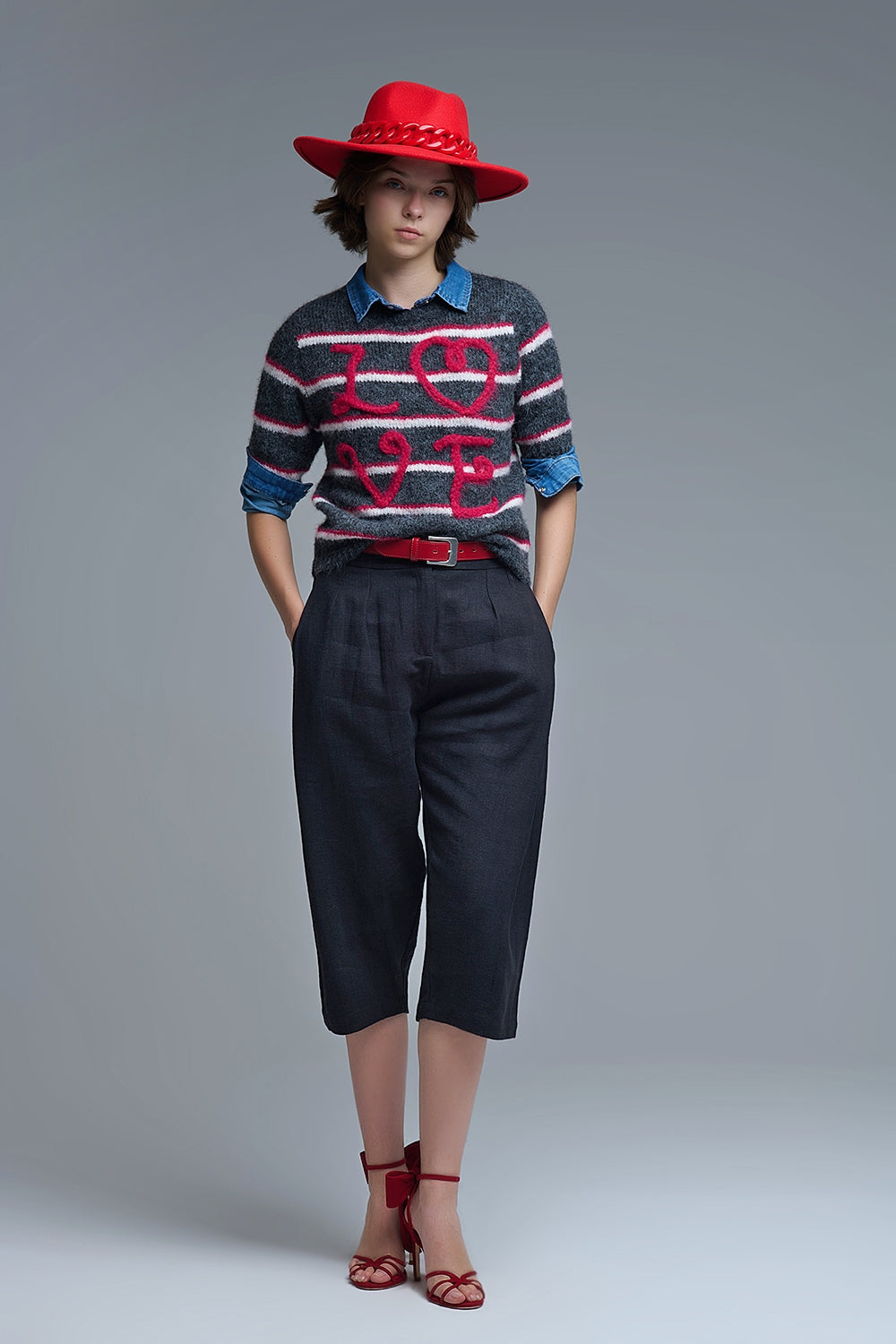 Short Sleeve Embroidered Love Sweater in Dark Grey