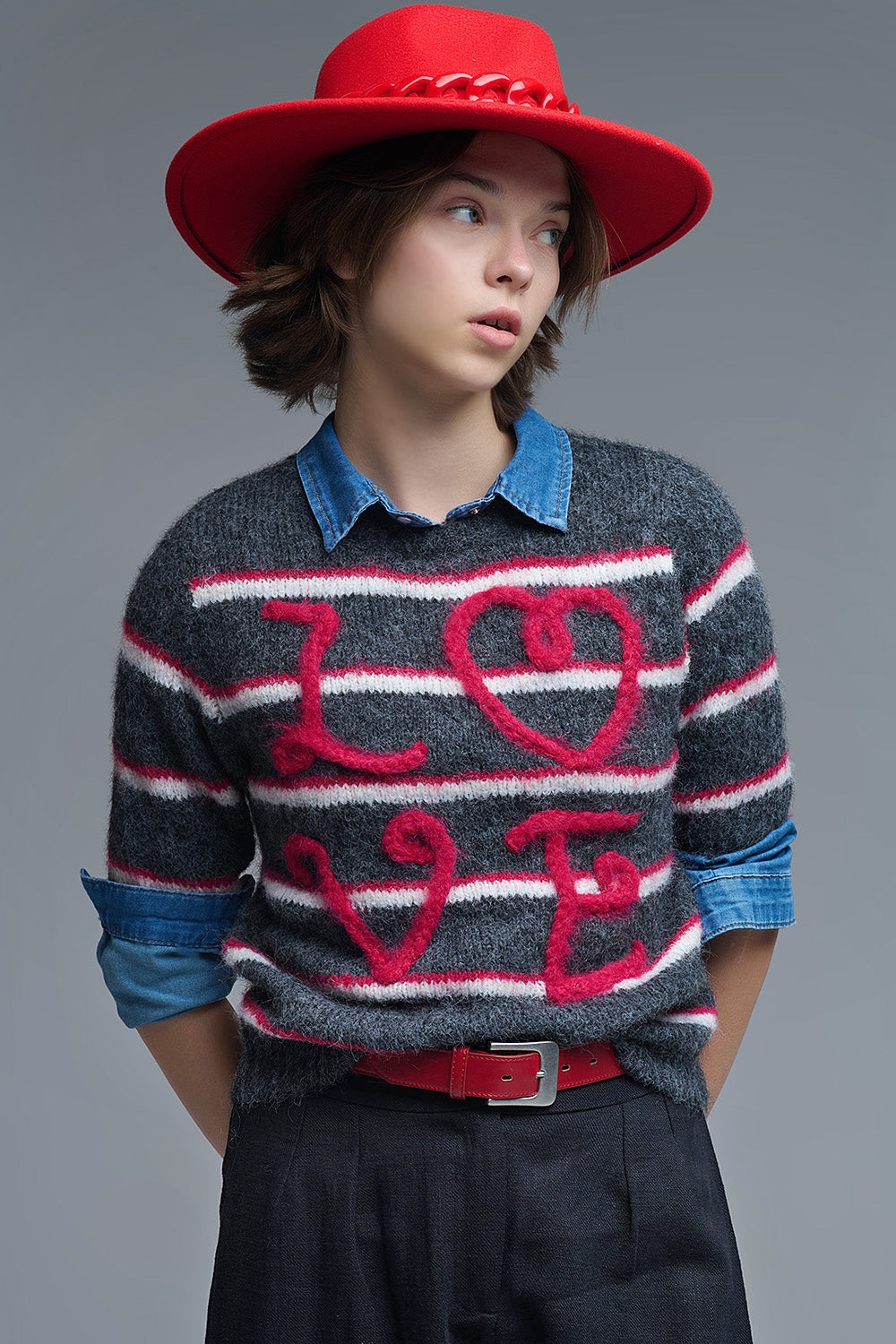 Short Sleeve Embroidered Love Sweater in Dark Grey
