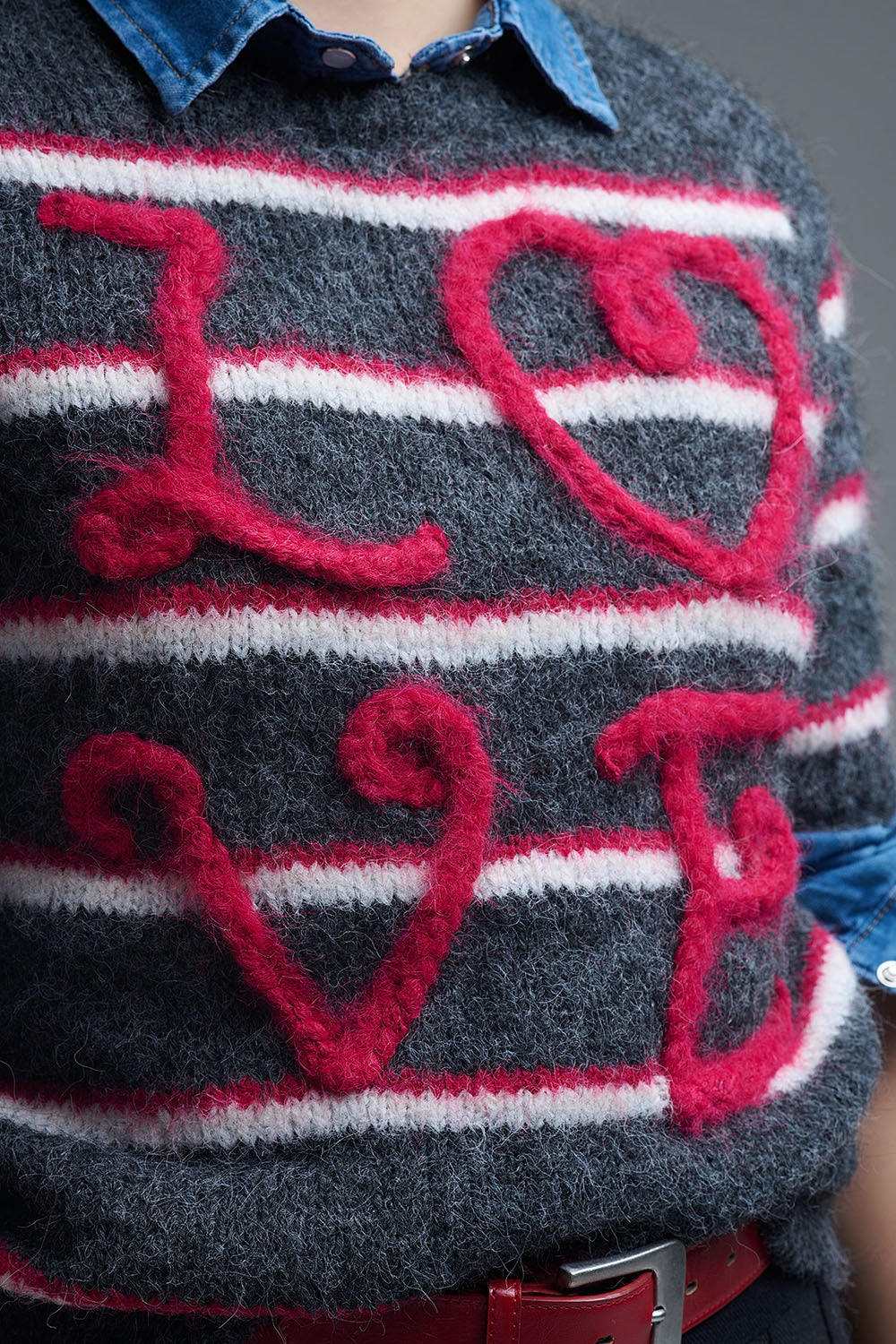 Short Sleeve Embroidered Love Sweater in Dark Grey