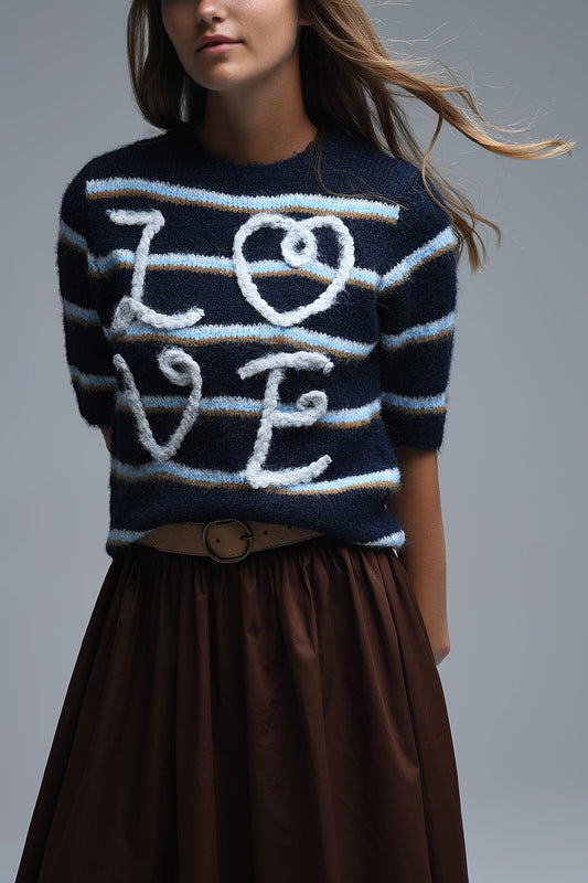 Q2 Short Sleeve Embroidered Love Sweater in navy
