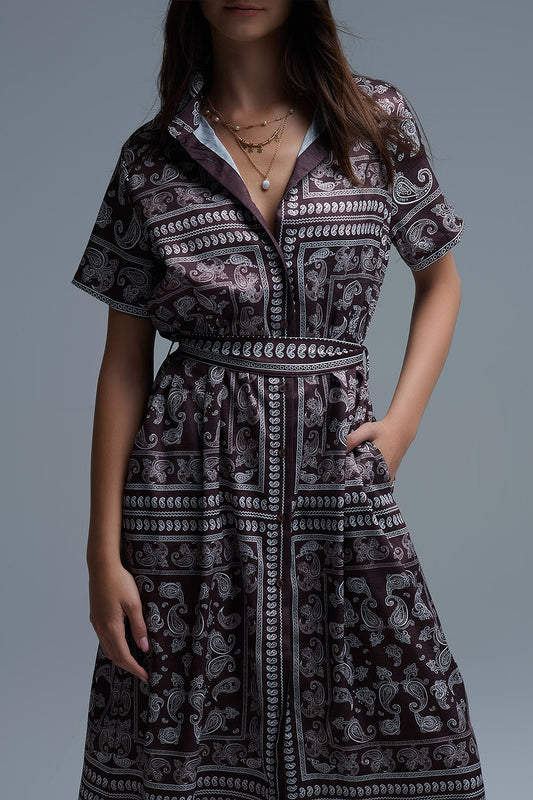 Korte mouw Paisley-print overhemdjurk in bruin