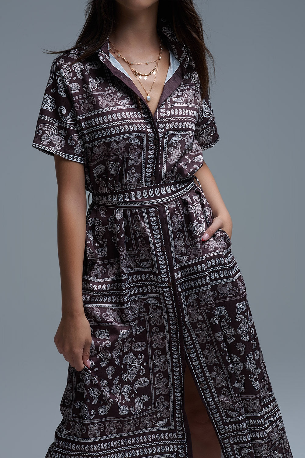 Short Sleeve Paisley Print Shirt Dress in brown