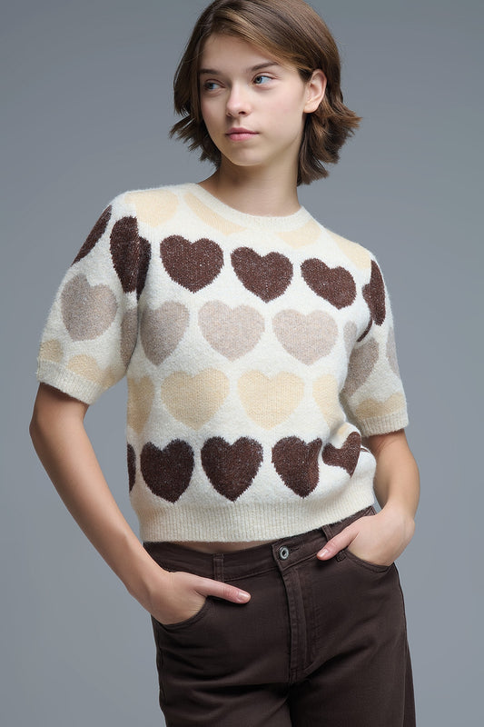 Q2 Short Sleeve Printed Heart Sweater in Beige
