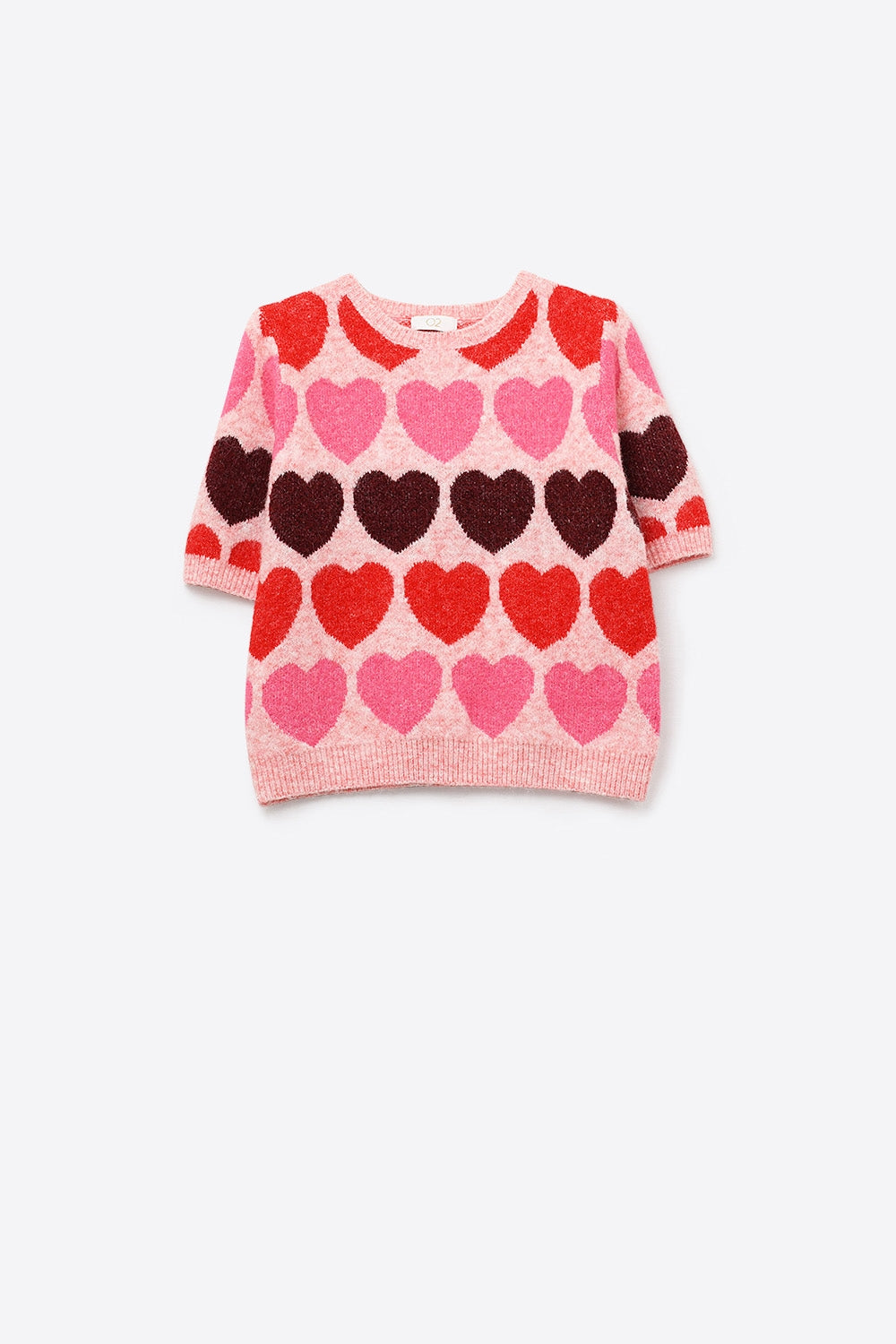 Short Sleeve Printed Heart Sweater in Pink