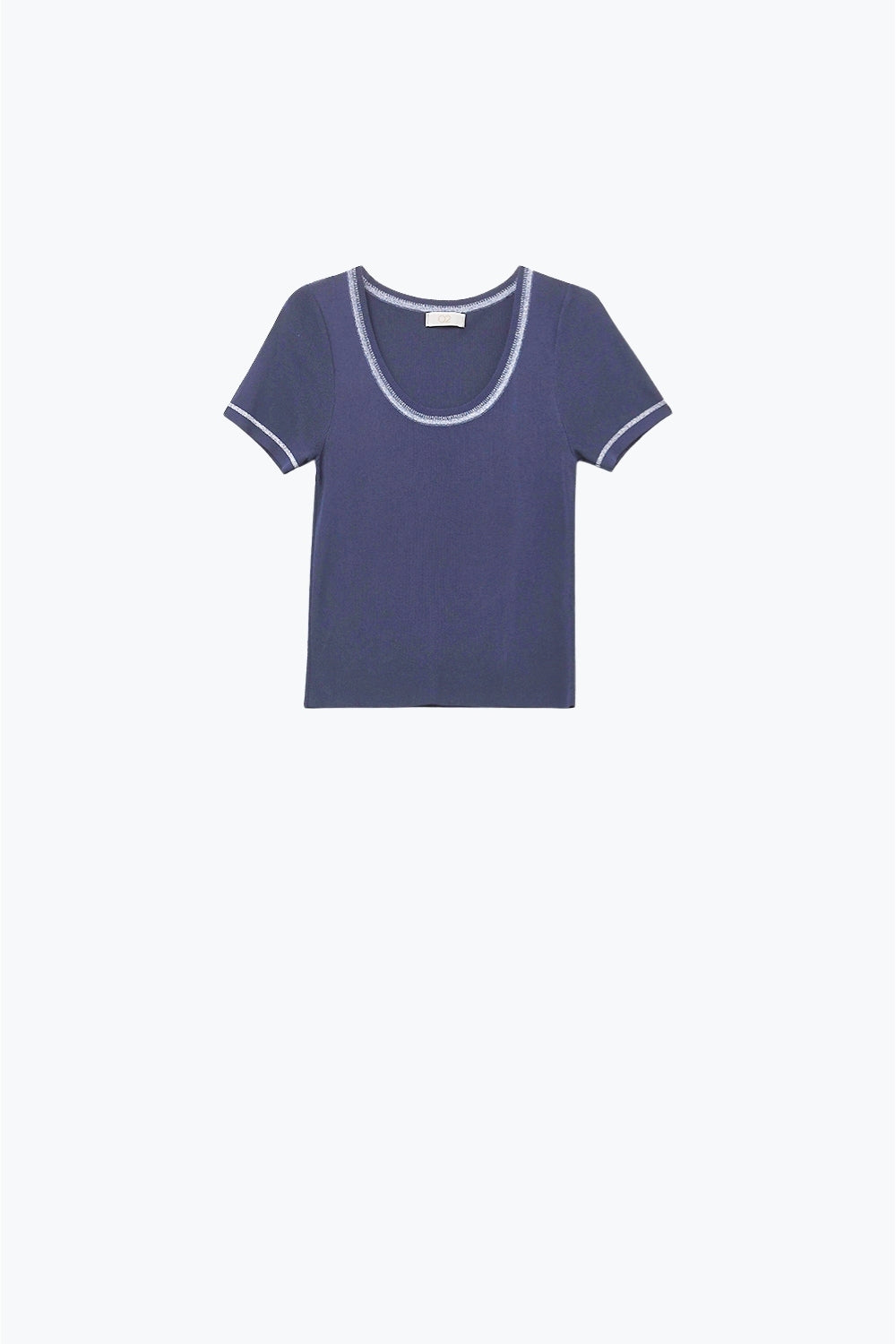 Q2 Short Sleeve sweater In navy With Silver Seam at Round Neck