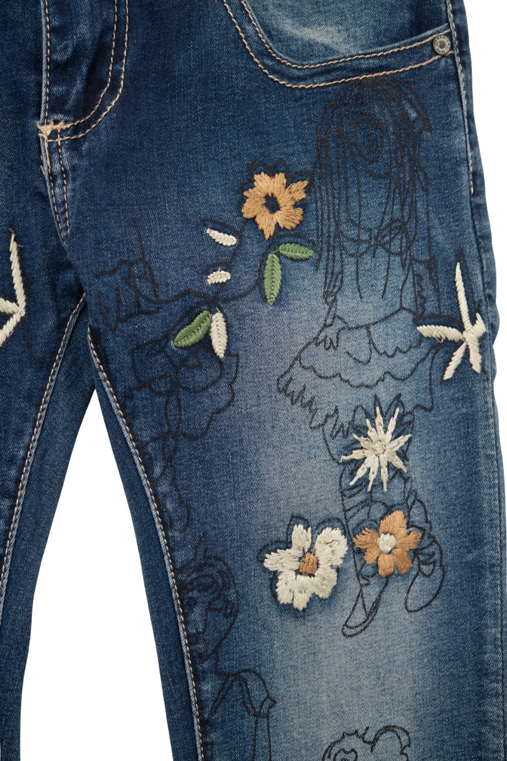 Skinny Jeans With Multicolor Embroidered Flowers