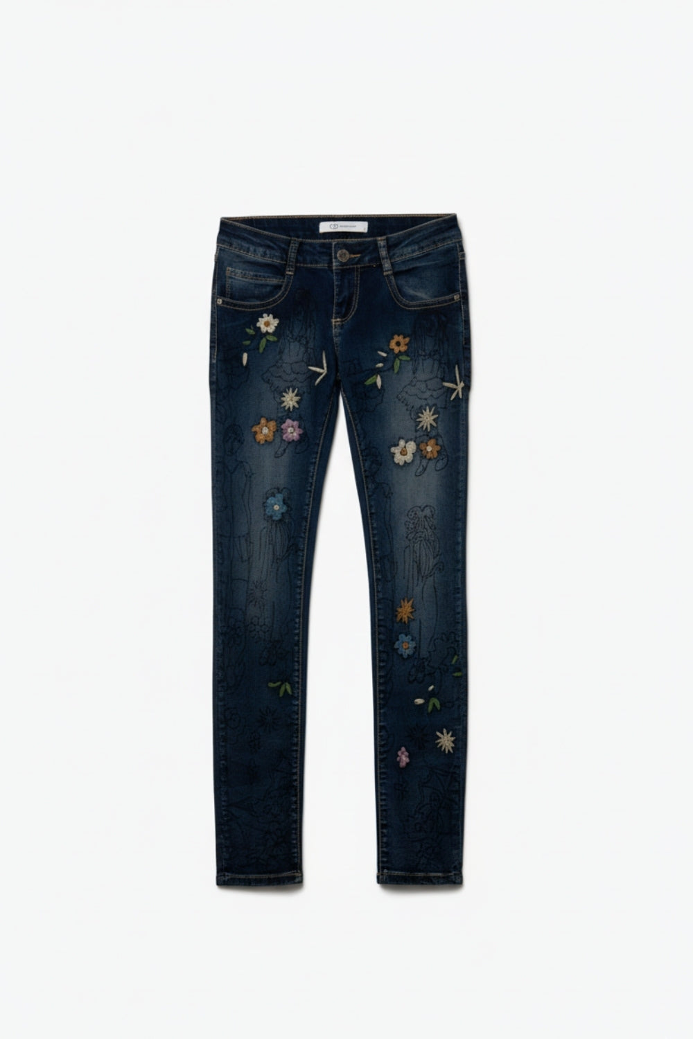 Q2 Skinny Jeans With Multicolor Embroidered Flowers