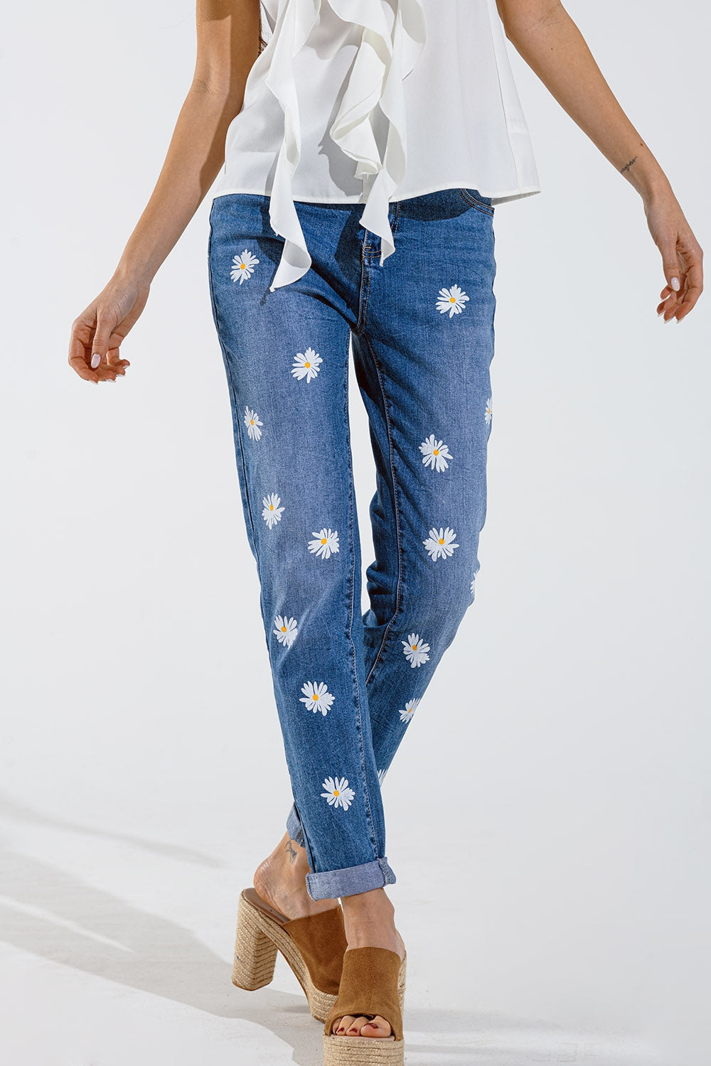 Skinny jeans met bedrukte witte madeliefjes in mid wash